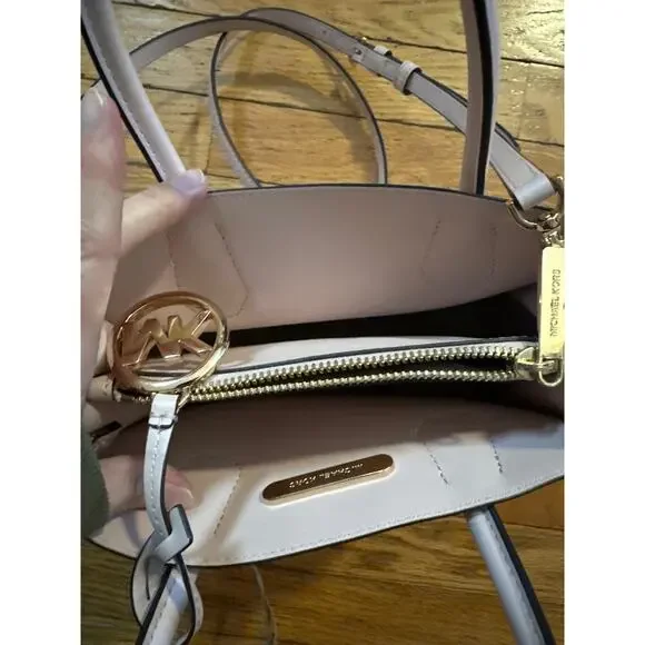 Michael Kors Small Tote Crossbody Bag Signature MK Vanilla Pink Leather Handles - Picture 6 of 6